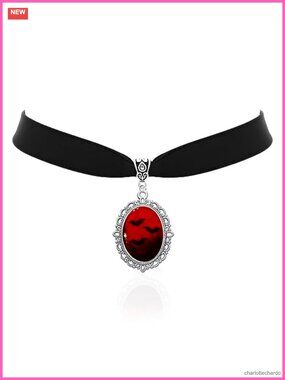 Gothic Bat Cameo Choker Necklace Blood Ruby Cabochon Pendant Vampire Jewelry